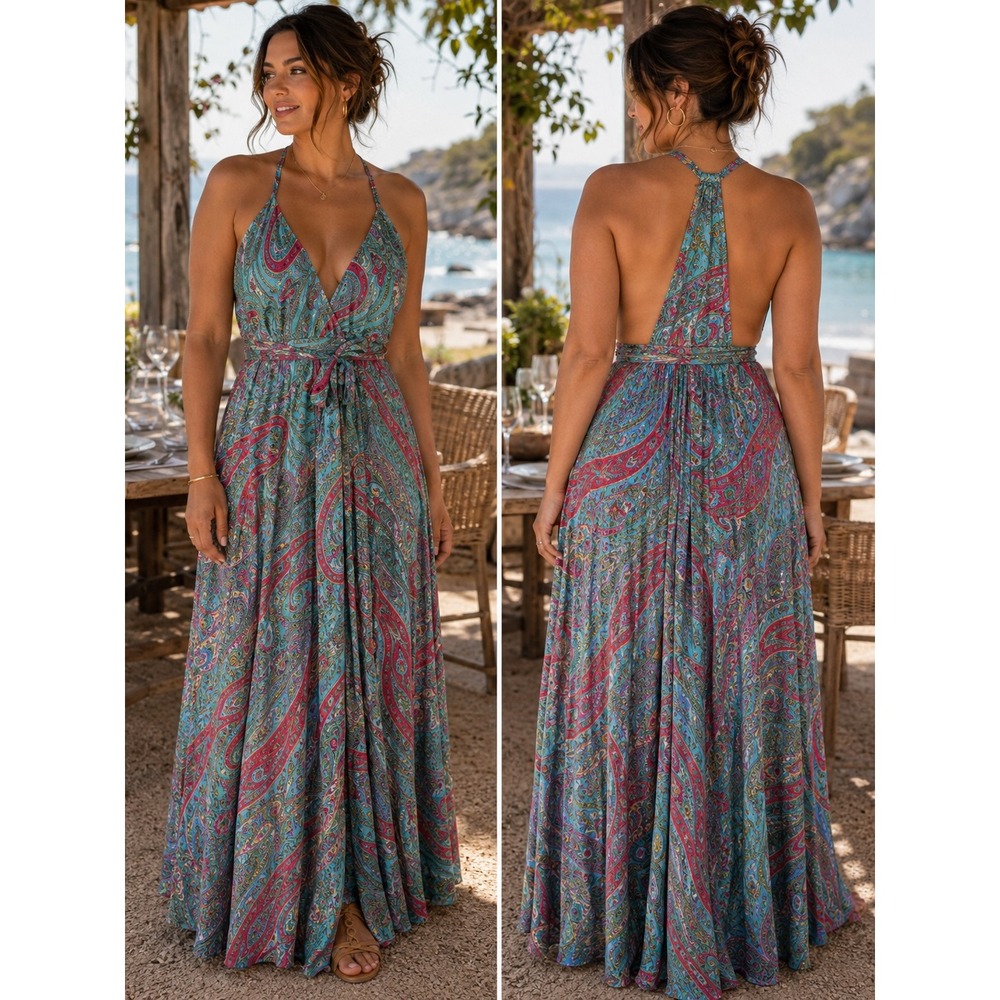 Advance Maxi Dress Womens One Size Teal Pink Paisley Silk Blend V-Neck Open Back